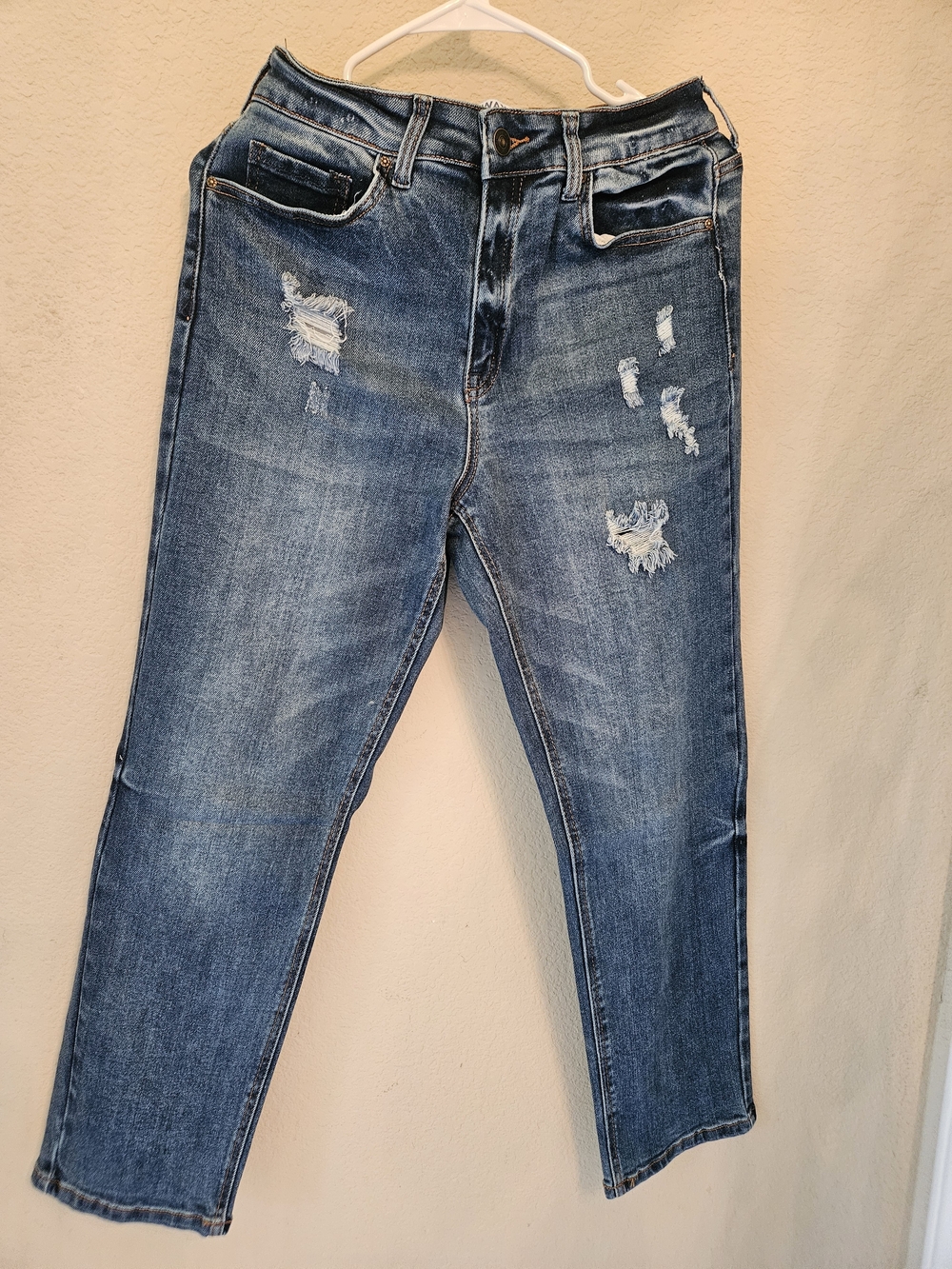 Straight Leg Distressed Women's Jeans - Blue